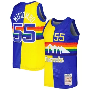 Dikembe Mutombo Eye - catching Denver Nuggets Hardwood Classics 1991/92 Split Swingman Jersey Royal/Gold
