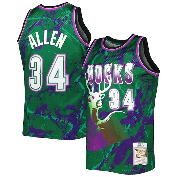 Ray Allen Milwaukee Bucks Unique 1996/97 Hardwood Classics Marble Swingman Jersey Green